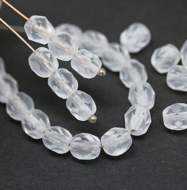 6mm Frosted clear fire polished round czech glass beads, 30Pc