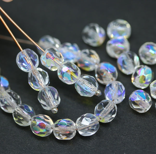 6mm Crystal clear AB finish fire polished round czech glass beads, 30Pc