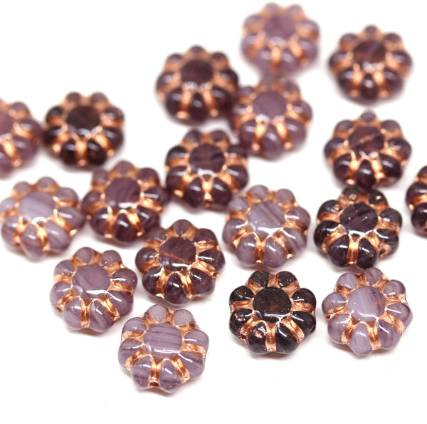 9mm Purple pink Czech glass daisy flower beads golden inlays 20pc