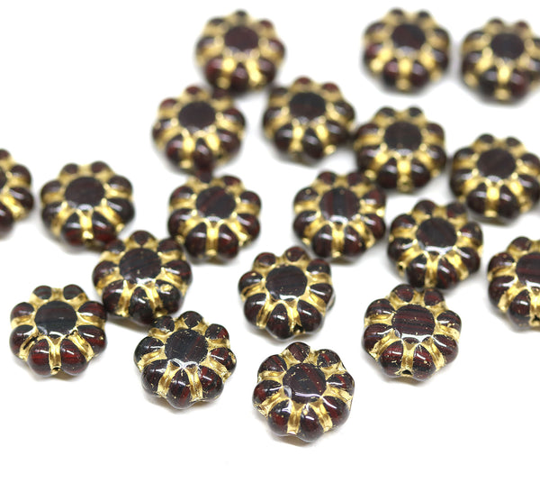 9mm Dark brown red Czech glass daisy flower beads golden inlays 20pc