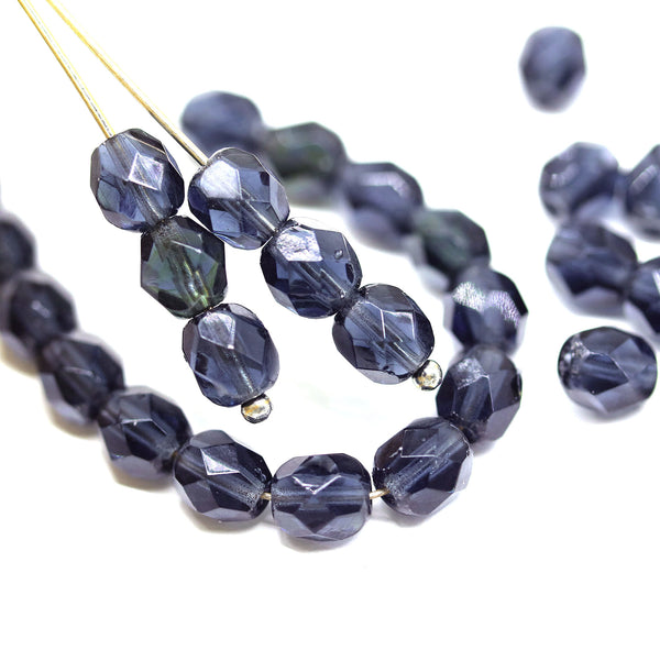 6mm Montana blue fire polished round czech glass beads, 30Pc