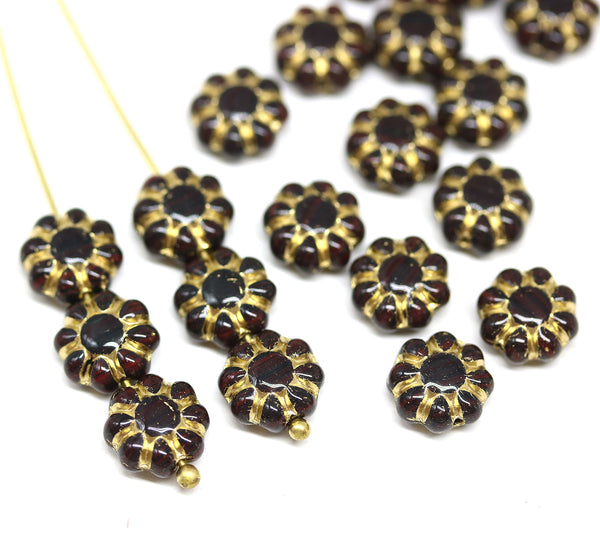 9mm Dark brown red Czech glass daisy flower beads golden inlays 20pc