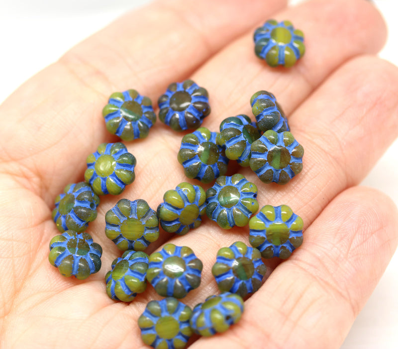 9mm Yellow blue Czech glass daisy flower beads 20pc