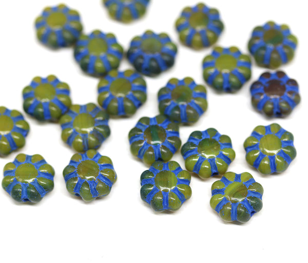 9mm Yellow blue Czech glass daisy flower beads 20pc