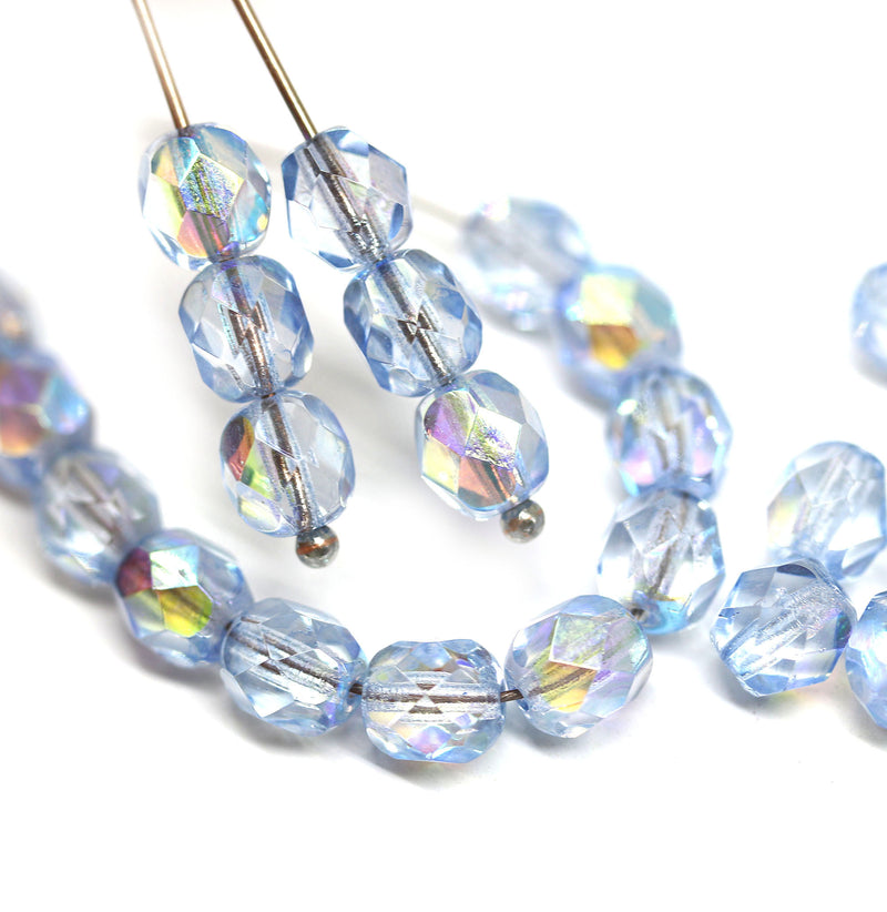 6mm Pale sapphire blue AB finish fire polished round czech glass beads, 30Pc