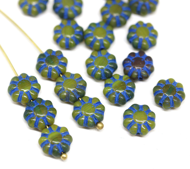 9mm Yellow blue Czech glass daisy flower beads 20pc