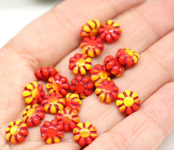 9mm Red yellow Czech glass daisy flower beads 20pc