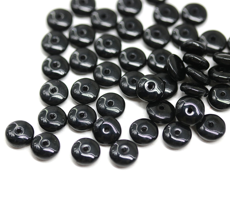 6mm Jet black czech glass rondelle spacer beads, 50pc