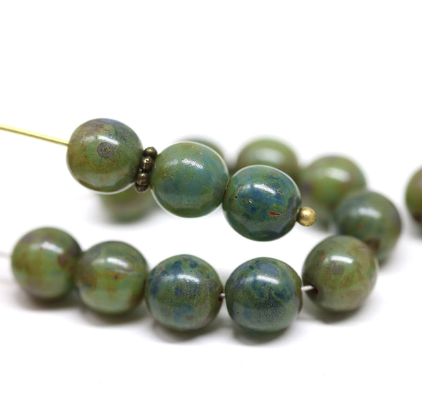 8mm Dark blue green czech glass round beads, Picasso finish 20Pc