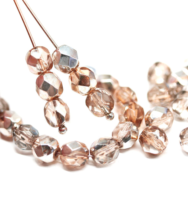 6mm Pale rose gold coating fire polished round czech glass beads, 30Pc