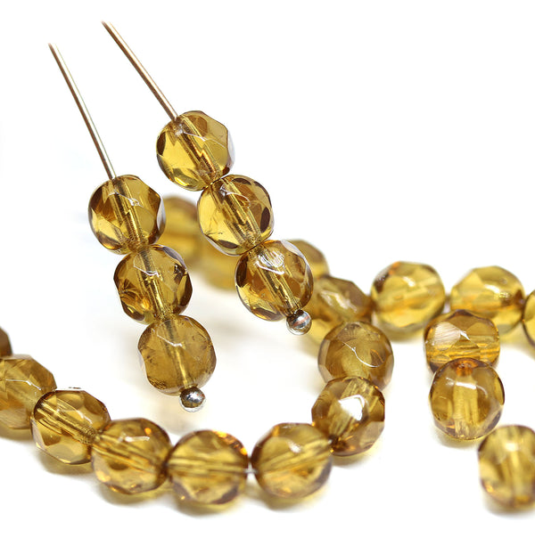 6mm Brown topaz fire polished round czech glass beads, 30Pc