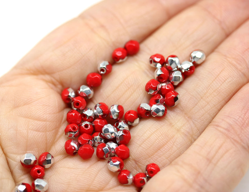 4mm Red Czech glass beads fire polished silver luster, 50Pc