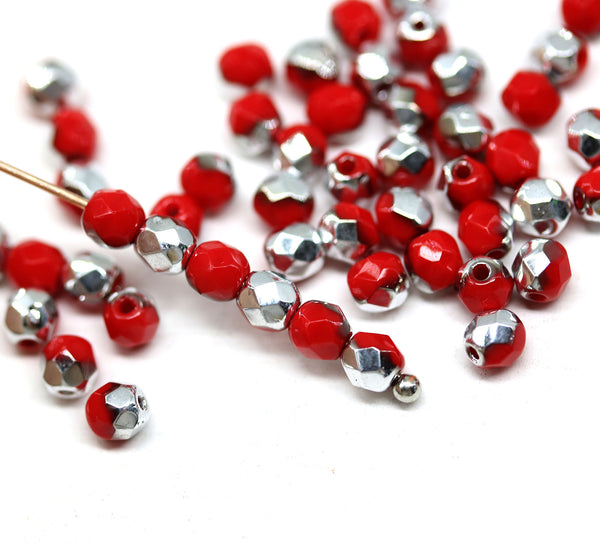4mm Red Czech glass beads fire polished silver luster, 50Pc
