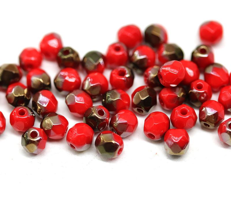 4mm Red Czech glass beads fire polished copper luster, 50Pc