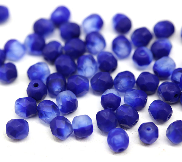 4mm Frosted cobalt blue czech glass fire polished beads, 50Pc