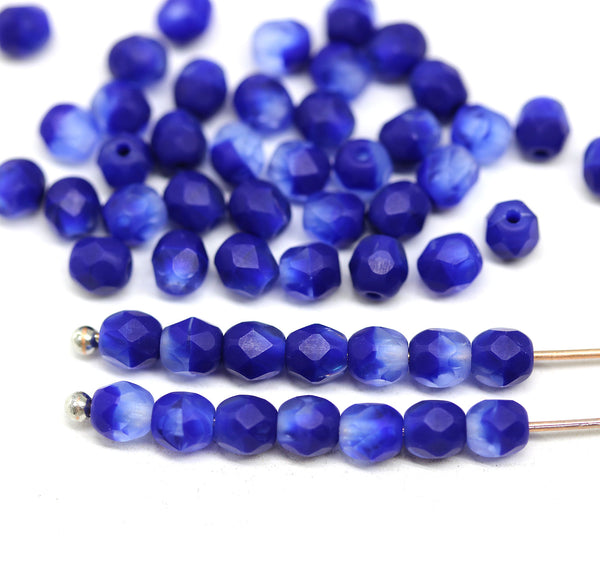 4mm Frosted cobalt blue czech glass fire polished beads, 50Pc