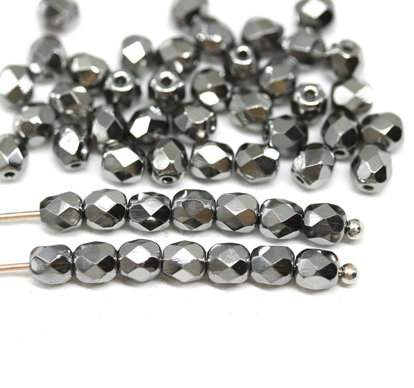 4mm Gunmetal black Czech glass beads fire polished, 50Pc