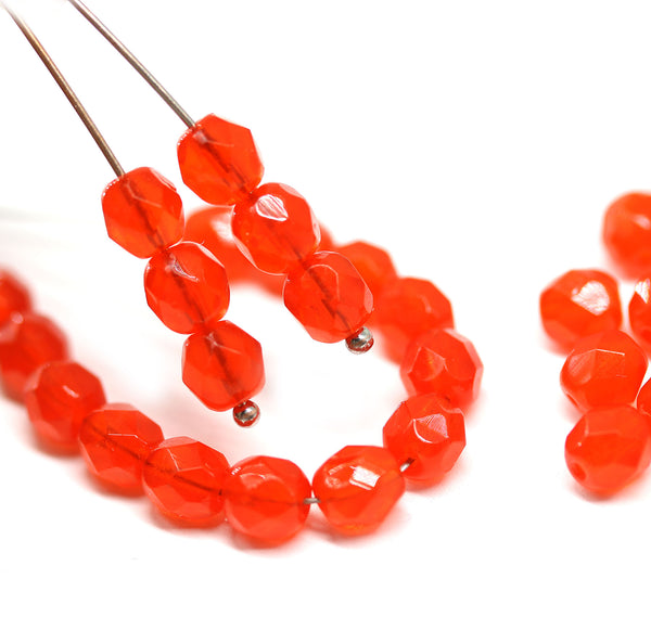 6mm Light opal red fire polished round czech glass beads, 30Pc