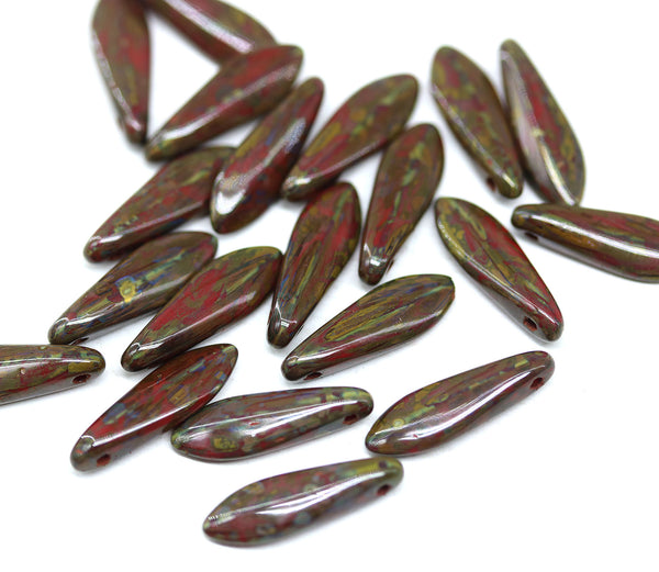5x16mm Picasso dark red dagger dagger czech glass beads - 20pc