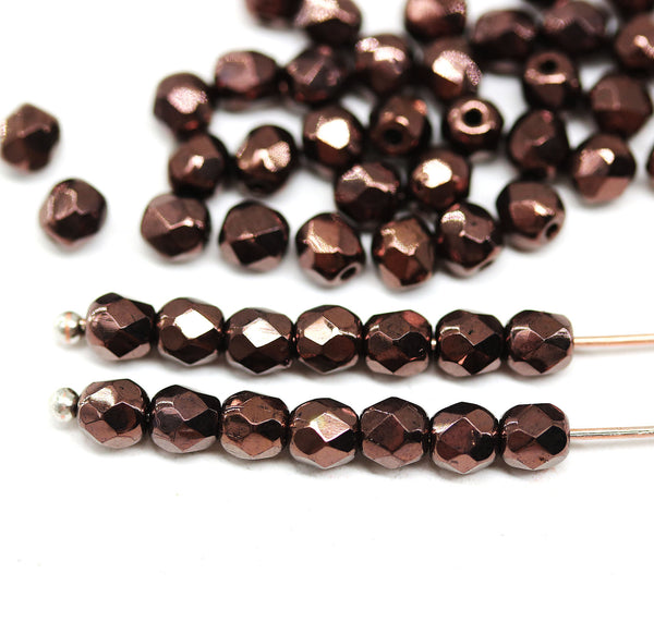 4mm Copper luster czech glass fire polished beads - 50Pc