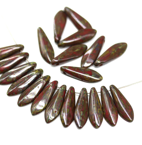 5x16mm Picasso dark red dagger dagger czech glass beads - 20pc