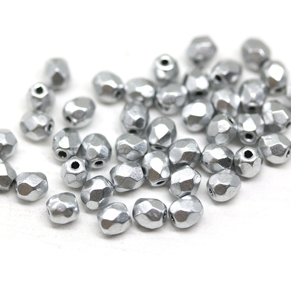 4mm Bright Silver Czech glass beads fire polished, 50Pc