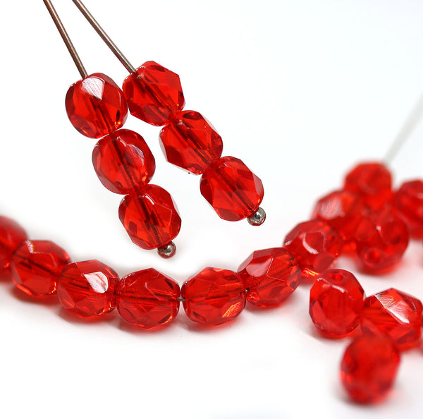 6mm Transparent red fire polished round czech glass beads, 30Pc