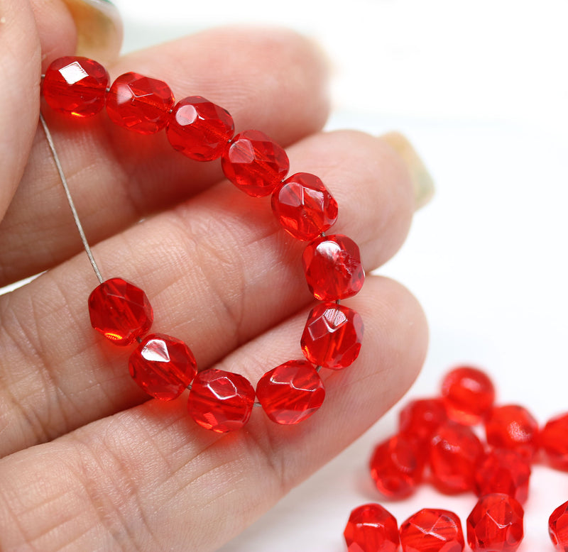 6mm Transparent red fire polished round czech glass beads, 30Pc
