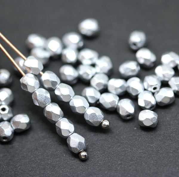 4mm Bright Silver Czech glass beads fire polished, 50Pc