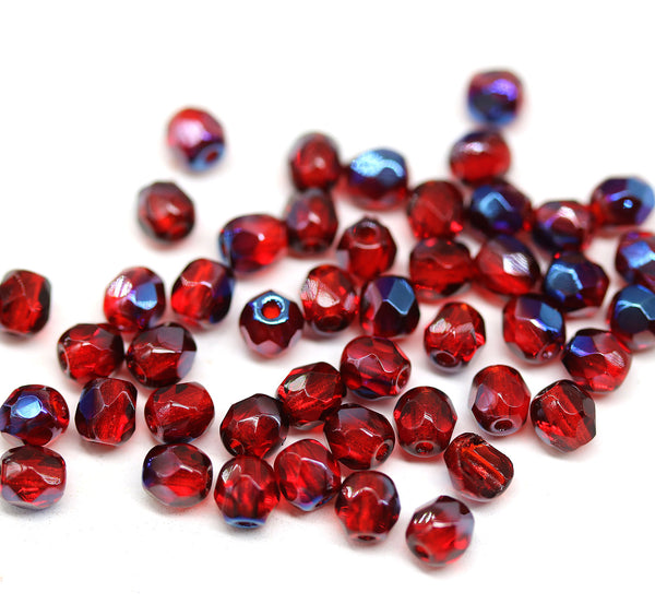 4mm Red Czech glass beads fire polished metallic blue luster, 50Pc