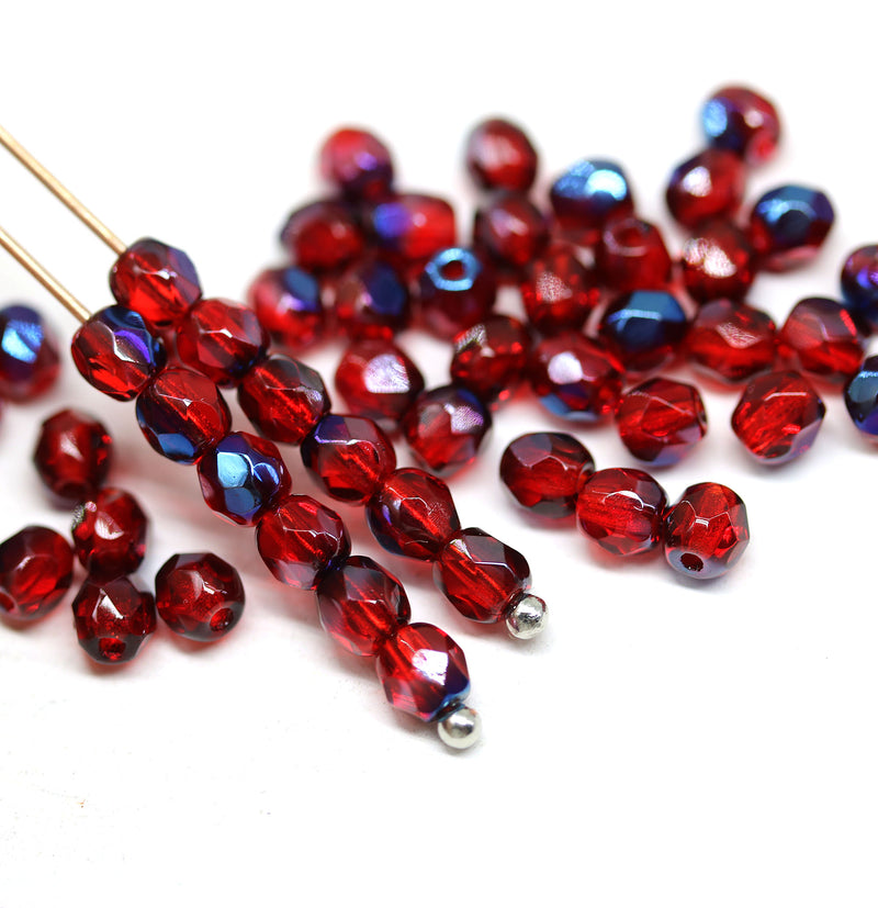 4mm Red Czech glass beads fire polished metallic blue luster, 50Pc