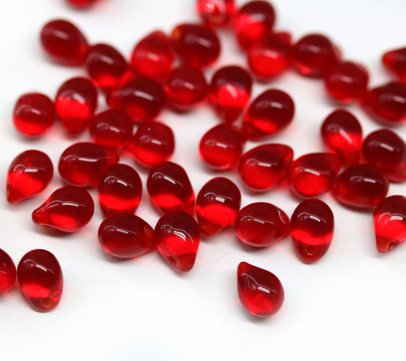 5x7mm Small red teardrops, czech glass beads, 50pc