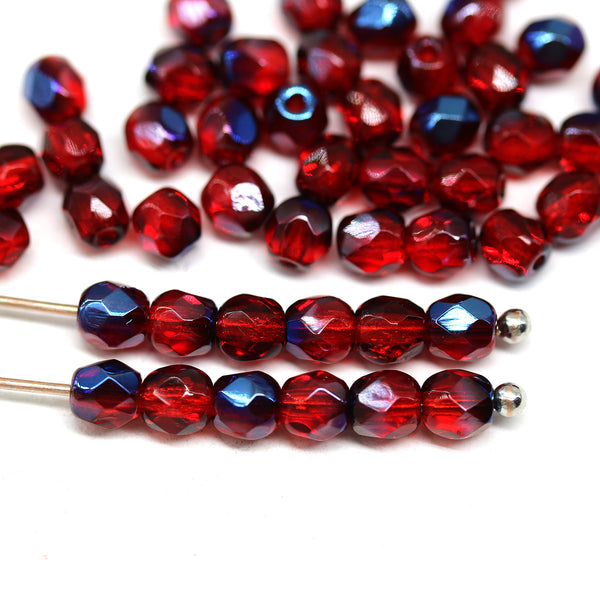 4mm Red Czech glass beads fire polished metallic blue luster, 50Pc