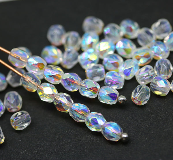 4mm Crystal clear Czech glass beads AB finish fire polished, 50Pc