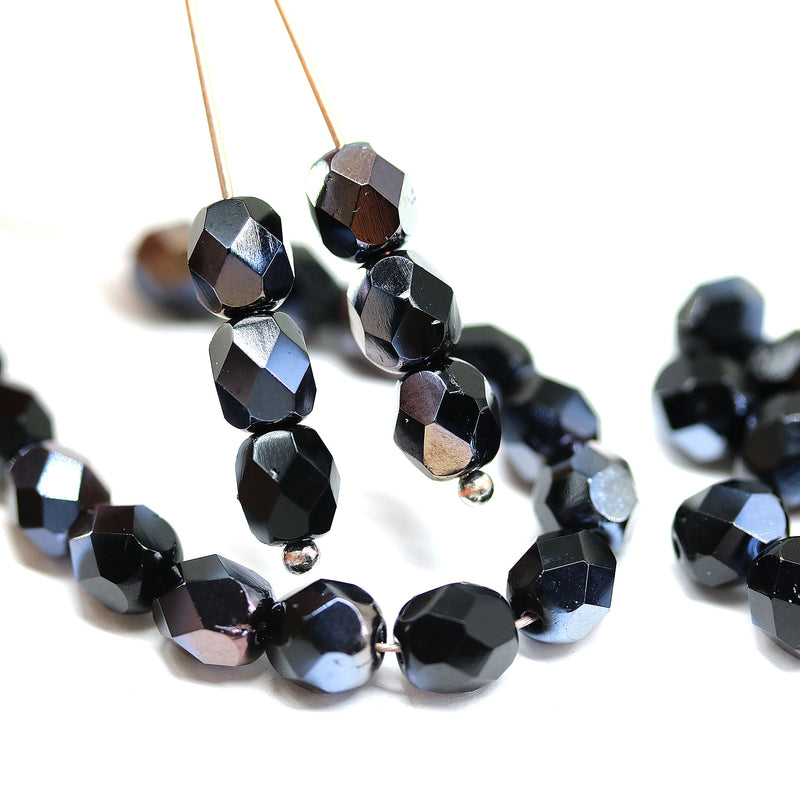 6mm Jet black luster fire polished round czech glass beads, 30Pc
