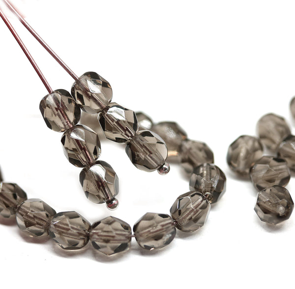 6mm Gray transparent fire polished round czech glass beads, 30Pc