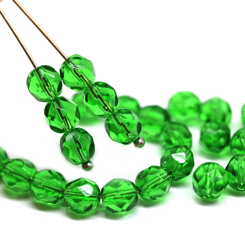 6mm Transparent green fire polished round czech glass beads, 30Pc