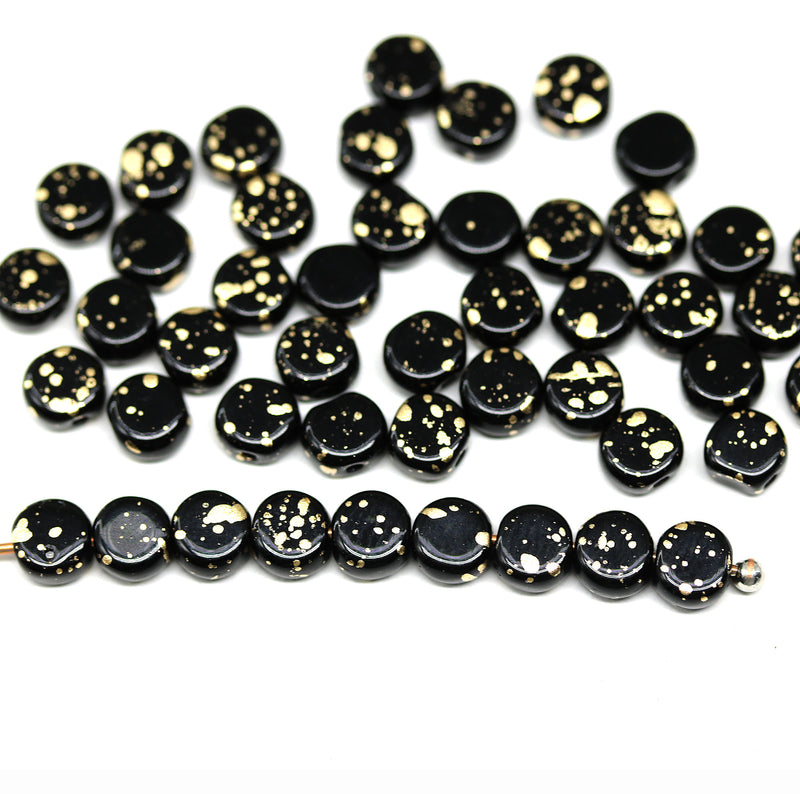 5mm Black gold flakes coin czech glass beads, small round tablet shape, 50Pc