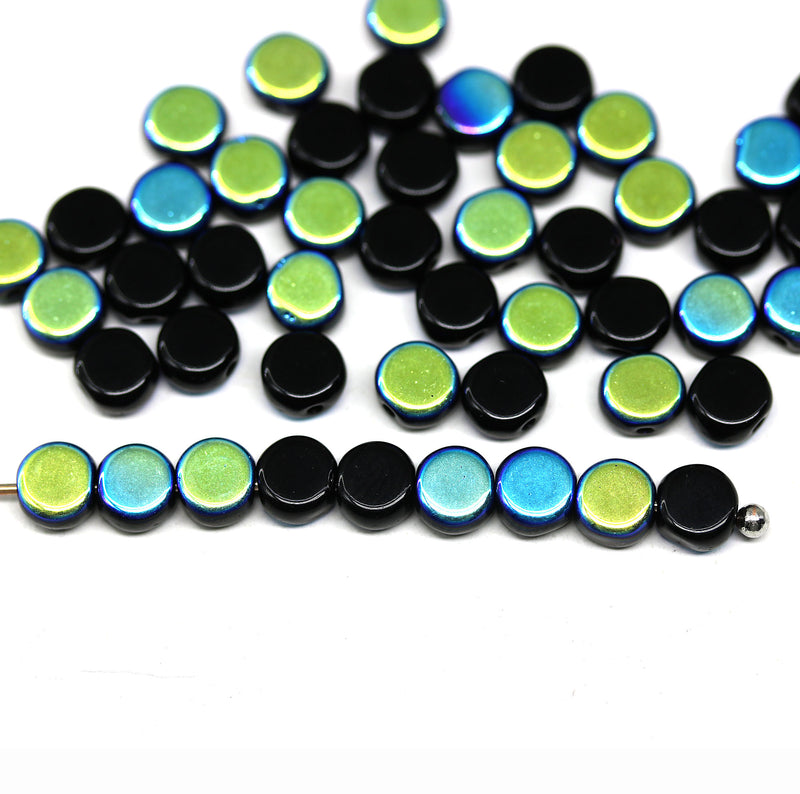 5mm Black luster coin czech glass beads, small round tablet shape, 50Pc