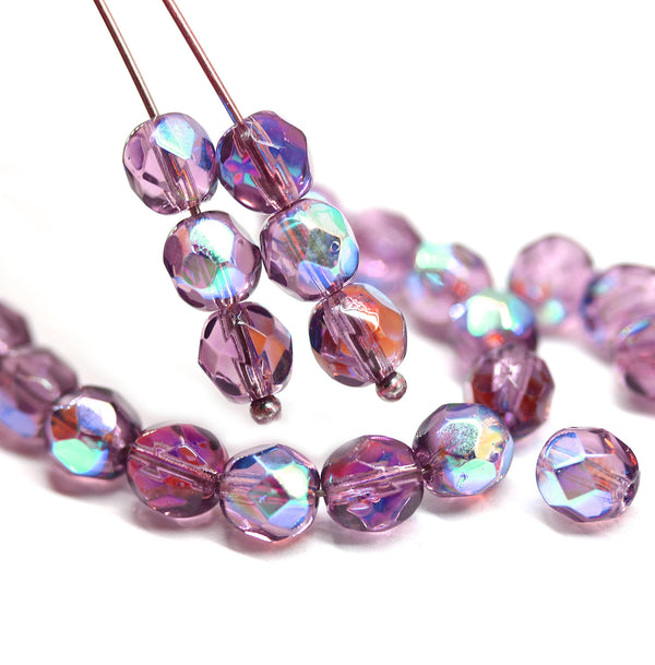 6mm Purple AB finish fire polished round czech glass beads, 30Pc