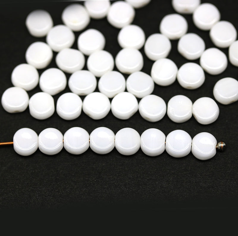 5mm White coin czech glass beads, small round tablet shape, 50Pc