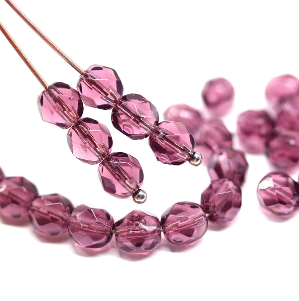 6mm Medium purple fire polished round czech glass beads, 30Pc