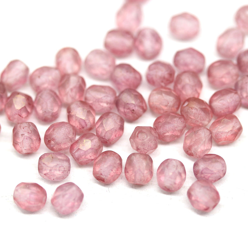 4mm Gold pink matte czech glass beads Fire polished spacers - 50Pc