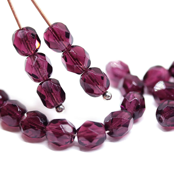 6mm Dark purple fire polished round czech glass beads, 30Pc