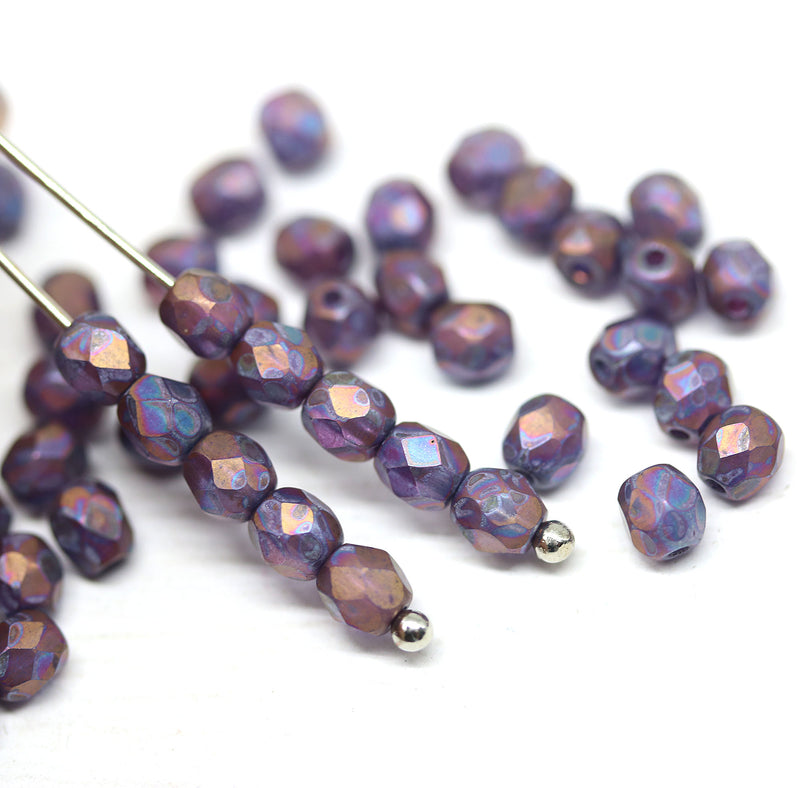 4mm Matte metallic blue purple czech glass beads fire polished spacers - 50Pc