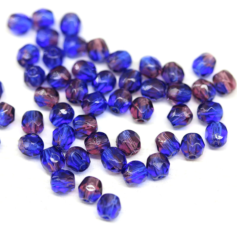 4mm Blue purple czech glass beads Fire polished spacers - 50Pc