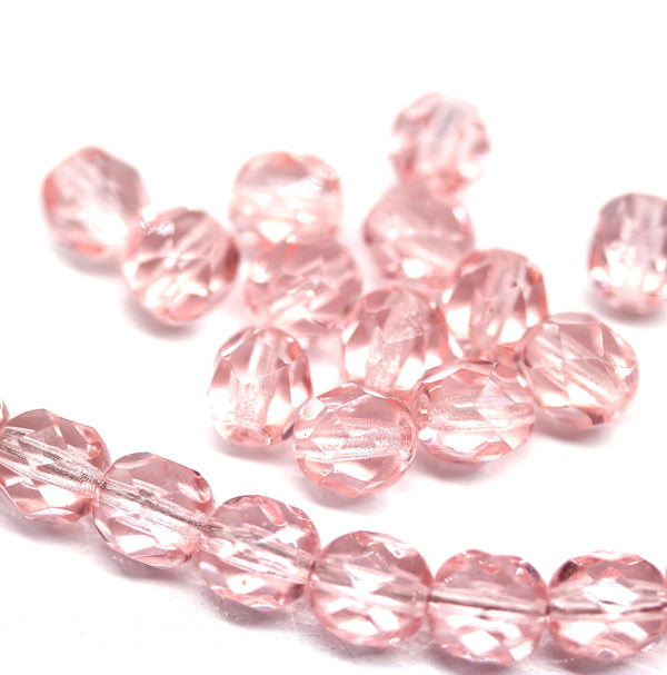 6mm Light rose pink fire polished round czech glass beads, 30Pc