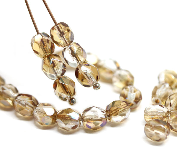 6mm Smokey topaz AB finish fire polished round czech glass beads, 30Pc