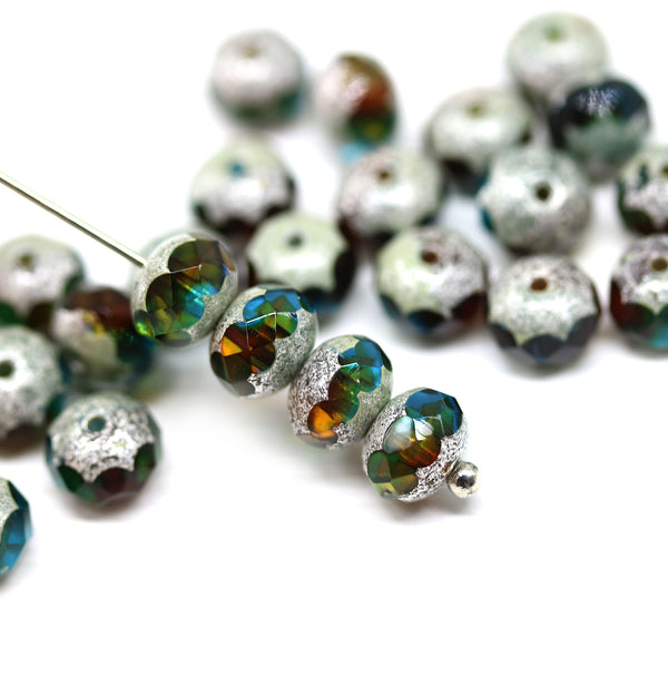 5x7mm Blue brown Czech glass rondelle beads spacer , silver finish - 25pc