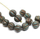 8mm Old  patina rustic turquoise Czech glass beads, Melon shape, 15pc